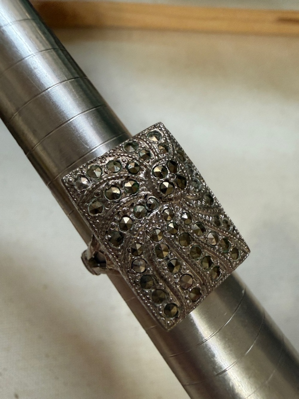 Sterling Silver 925 Marcasite Pavé Rectangular Statement Ring size 6.25 - Picture 5 of 12